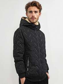 男士连帽休闲抓绒羽绒服，保暖加厚拉链外套，适合日常休闲穿着，冬季 - 黑色 - 查看 3