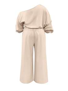 Women's Plus Size Elegant 2 Pieces Set, Designed Solid Color Asymmetrical Shoulder Long Sleeve Top + Loose Wide-Leg Pocket Maxi Pants, Suitable For Commuting, Business, Holidays, Autumn/Winter