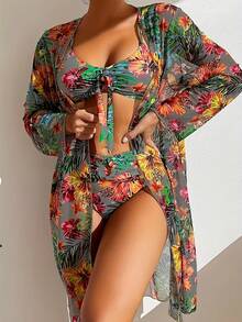 Women's Floral Print Bikini Set, Long Sleeve V-Neck Swimsuit With Bow Detail, High Stretch Polyester And Spandex, Removable Padding, All-Season Mesh Fabric, 3-Piece Swim Skirt Set - Xám - Xem 5