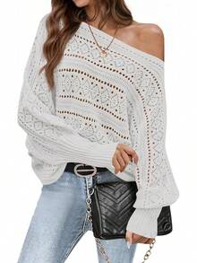 Womens Off Shoulder Sweaters Fall 2025 Oversized Knit Batwing Long Sleeve Crochet Pullover Sweater Tops - White - View 5