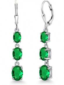 Gem Stone King 3-Stone Leverback Drop Dangle Earrings Women |   925 Sterling Silver |   Gemstone Birthstone |   Oval 8X6MM 7X5MM And 6X4MM |   Fine Jewelry Gifts Her Mom Women Wife - 奈米翡翠,五月 - 查看 1