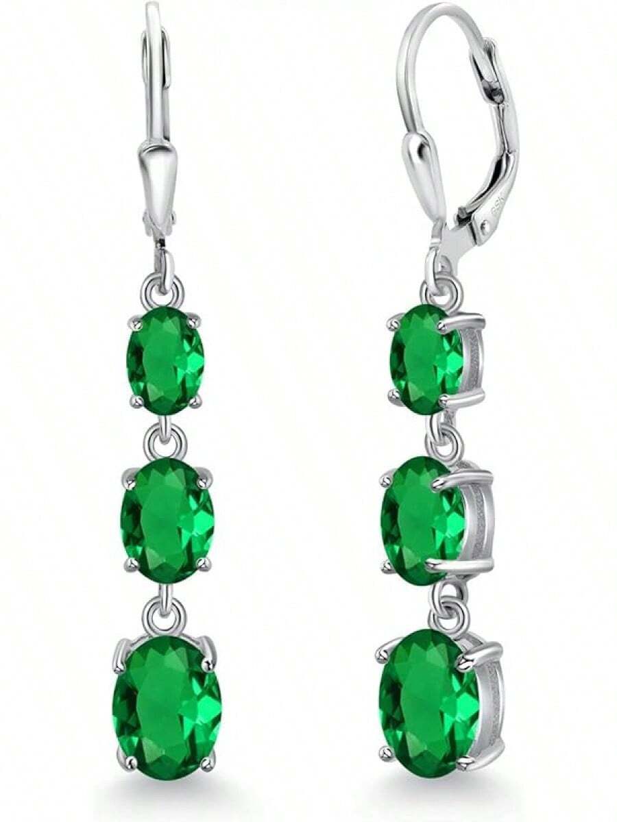 Gem Stone King 3-Stone Leverback Drop Dangle Earrings Women | 925 Sterling Silver | Gemstone Birthstone | Oval 8X6MM 7X5MM And 6X4MM | Fine Jewelry Gifts Her Mom Women Wife - 奈米翡翠,五月 - 查看 1