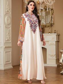 Women's Long Sleeve Random Cut Print Fashion Arabic Robe, All Season Dubai Ladies Abaya Robe, Computer Embroidered Beaded Patchwork Robe - Apricot - View 5