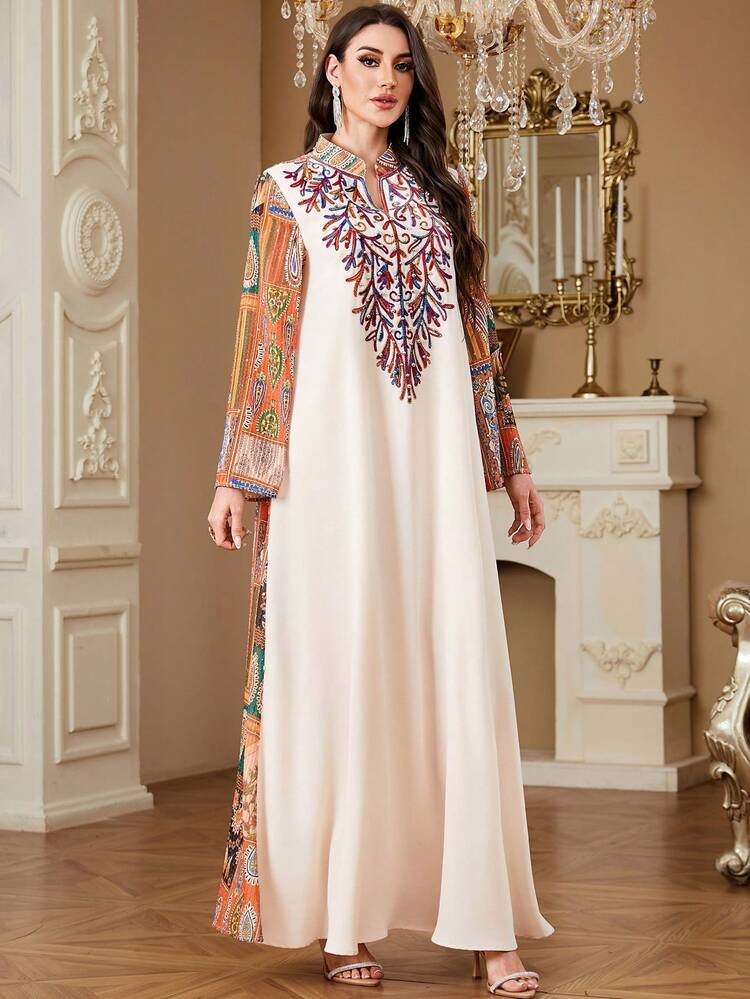 Women's Long Sleeve Random Cut Print Fashion Arabic Robe, All Season Dubai Ladies Abaya Robe, Computer Embroidered Beaded Patchwork Robe - Apricot - View 4