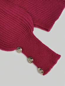 Women's All-Match Loose V-Neck Button Knit Sweater, Casual Versatile Lightweight Ribbed Pullover - Rose Red - View 7