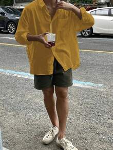 男士休闲宽松长袖纯色纽扣亚麻衬衫，秋季 - 黃色 - 查看 5