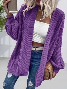 Women's Oversized Cardigan Sweater Front-Open Knitted Lantern Long Sleeve Thick Jacket - Màu tím - Xem 5
