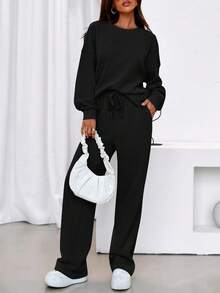 Traje de dos piezas para mujer, traje deportivo, sudadera holgada, pantalón deportivo, traje casual a juego de moda de otoño. - Negro - Ver 1