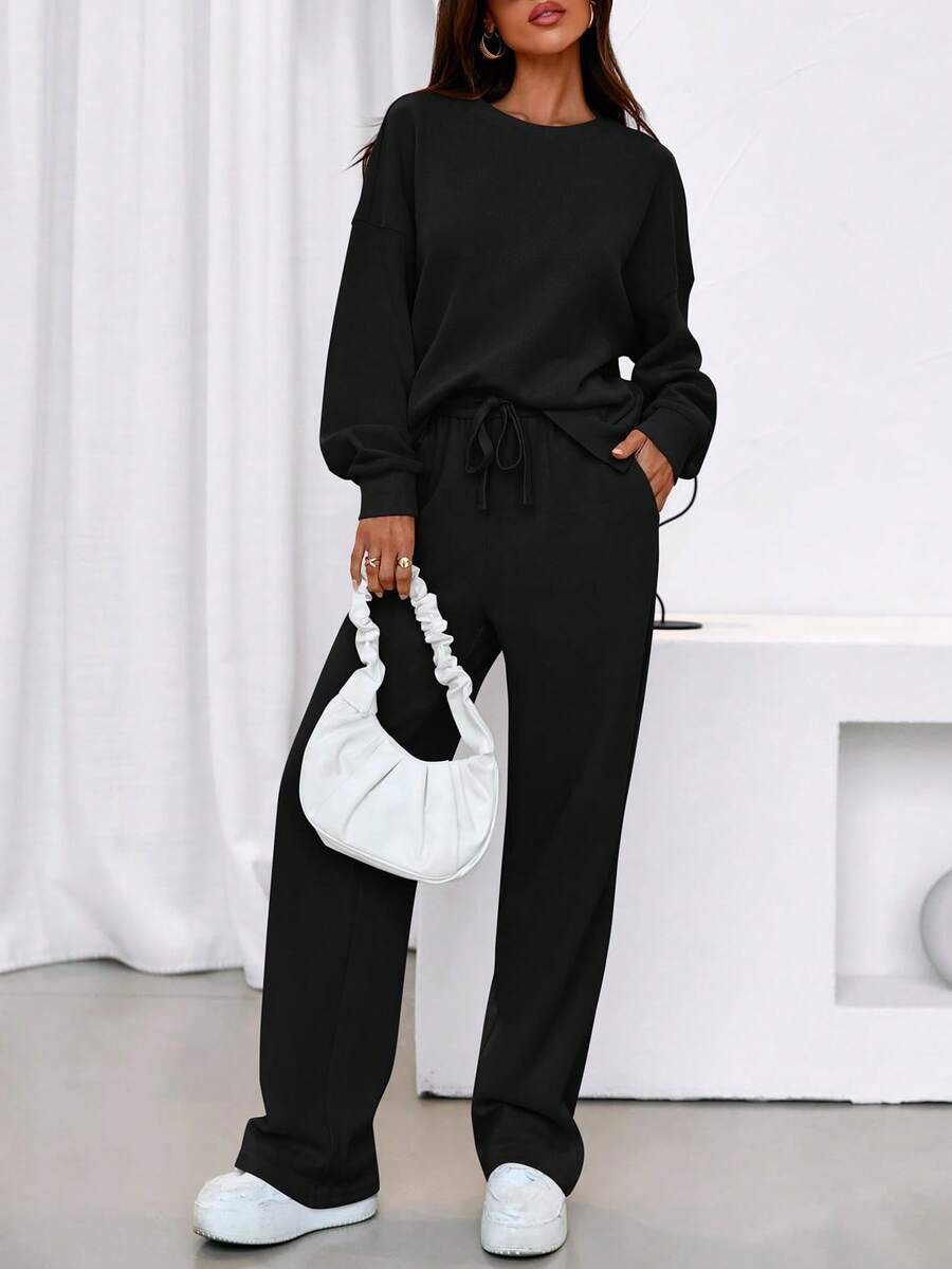 Traje de dos piezas para mujer, traje deportivo, sudadera holgada, pantalón deportivo, traje casual a juego de moda de otoño. - Negro - Ver 1