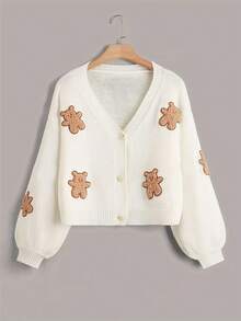 2025 Automne/Hiver Cardigan tricoté à col rond avec ours brodé mignon style coréen pour femmes, doux et douillet - Blanc - Voir 1