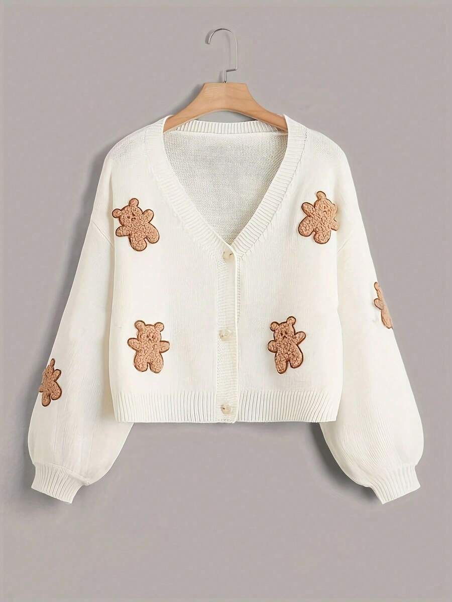 2025 Automne/Hiver Cardigan tricoté à col rond avec ours brodé mignon style coréen pour femmes, doux et douillet - Blanc - Voir 1