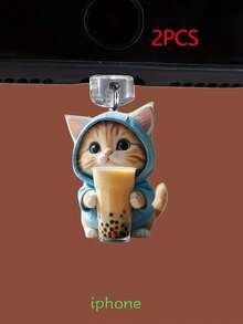 2pcs Cute 2D Acrylic Flat Black Cat Dust Plug, Suitable For Type-C & Lightning Charging Port, Phone Earphone Charging Interface Dust Plug Pendant Decor