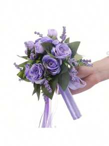1 szt. Nowy sztuczny bukiet z fioletowych róż, odpowiedni dla druhen, panien młodych, jako rekwizyt do fotografii ślubnej, elegancki, słodki i romantyczny wystrój ślubu