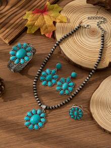 Conjunto de 4 piezas de collar, aretes, anillo y pulsera con estilo bohemio vintage, de aleación de zinc y turquesa en forma de gota de agua y flor, adecuado para atuendos, vacaciones y talla grande