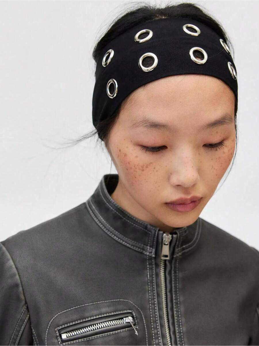 1pc Fashion Punk Headband, Gothic Style Soft Non-Slip Elastic Hollow Beach/Holiday Headband, Stretchy Yoga Sports Headband, Versatile For Daily Wear Fall Winter Hair Band Hair Accessories For Women For Vacation Outfits Woman Elegant Scarf Women Bandana Soft Headwrap - 黑色 - 查看 1