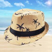 1pc Summer Sun Hat, Korean Fashion British Style Hat, Suitable For Men, Fashionable Beach Sun Hat, Multiple Colors Available, Machine Washable - Leaf Straw Hat - View 2