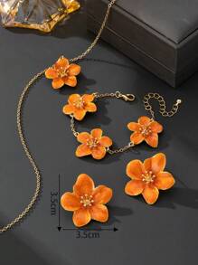 1pc Summer Vacation Vintage Vibe Handmade Dopamine Inspired Orange 5-Petal Flower Pendant Necklace, 1 Pair Earrings, 1pc Bracelet, Women Jewelry Set Can Be Freely Matched