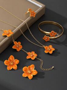 1 Pc Handmade Retro Dopamine Inspired Orange 5-Petal Flower Pendant Necklace, 1 Pair Earrings, 1 Pc Bracelet, 1 Pc Ring, 1 Pc Bangle, Women Summer Jewelry Set, Versatile Combination - Orange - View 4