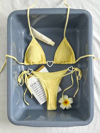 Bikinx Women's Butter Yellow Special Fabric Triangle Cup Bikini Strappy Vacation Swimsuit Set