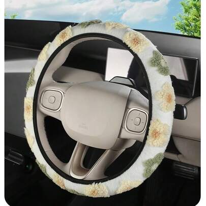 Plush No Inner Ring Car Steering Wheel Cover, Suitable For 14.5in-15in, With Elastic Band Design, Portable Fastening And Washable,Autumn And Winter New 6-Color Beautiful Flowers, Can Be Given As A Birthday Gift, Car Interior Accessories