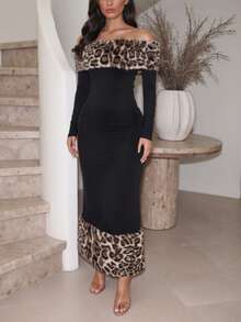 Sexy Off Shoulder Long Sleeve Bodycon Knitted Dress For Women Leopard Print Faux Fur Details Backless Elegant Party Midi Dress