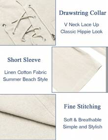 Men Casual Cotton Linen T Shirt Short Sleeve Beach Lace Up Hippie Shirt Yoga Renaissance Tunic - 短袖-奶油色 - 查看 3