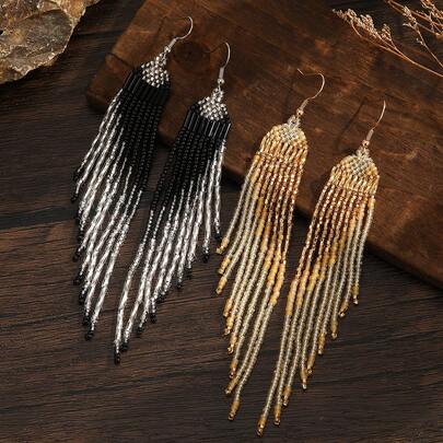 SOUL BEADING 波西米亚串珠耳环，复古风格，金色和黑色，不对称几何流苏吊坠，优雅时尚的配饰，适合女性日常佩戴和礼物