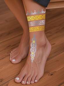1 hoja de tamaño grande de arte corporal metálico dorado y plateado para mujeres y hombres, tatuaje en tatuajes temporales, pegatinas de patrón de mandala de henna, tatuaje falso a prueba de agua que dura de 2 a 5 días, cubre cicatrices, se puede usar en brazos, muñecas, hombros, piernas, cintura, cuello, mano, pecho, muslos, dedos, adecuado para fiestas, regalos, mejores amigos, viajes y vacaciones - Dorado - Ver 2