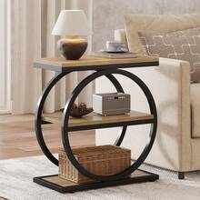 3-Tier End Table, Side Table With Storage Shelves, Small Sofa Side Table For Living Room, Wooden Side End Table With Double Round Metal Legs, Slim Nightstand And Bedside Table, Light Brown And Black - 淺棕色和黑色 - 查看 3