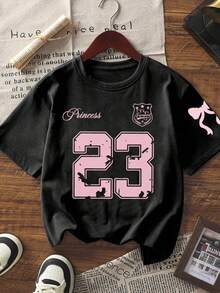 1pc Tween Girls 23 Number Print Short Sleeve T-Shirt, Comfortable & Fashionable Summer Top, Student/Young Clothing - Black - View 4