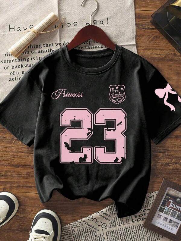 Koszulka z krótkim rękawem i nadrukiem w rozmiarze 23 dla dziewcząt, wygodna i modna, letnia, odzież dla studentek/młodzieży