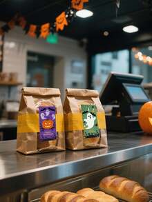 4pcs/Sheet Happy Halloween Sealing Stickers, Large Rectangular Gift Box DIY Packaging PVC Stickers