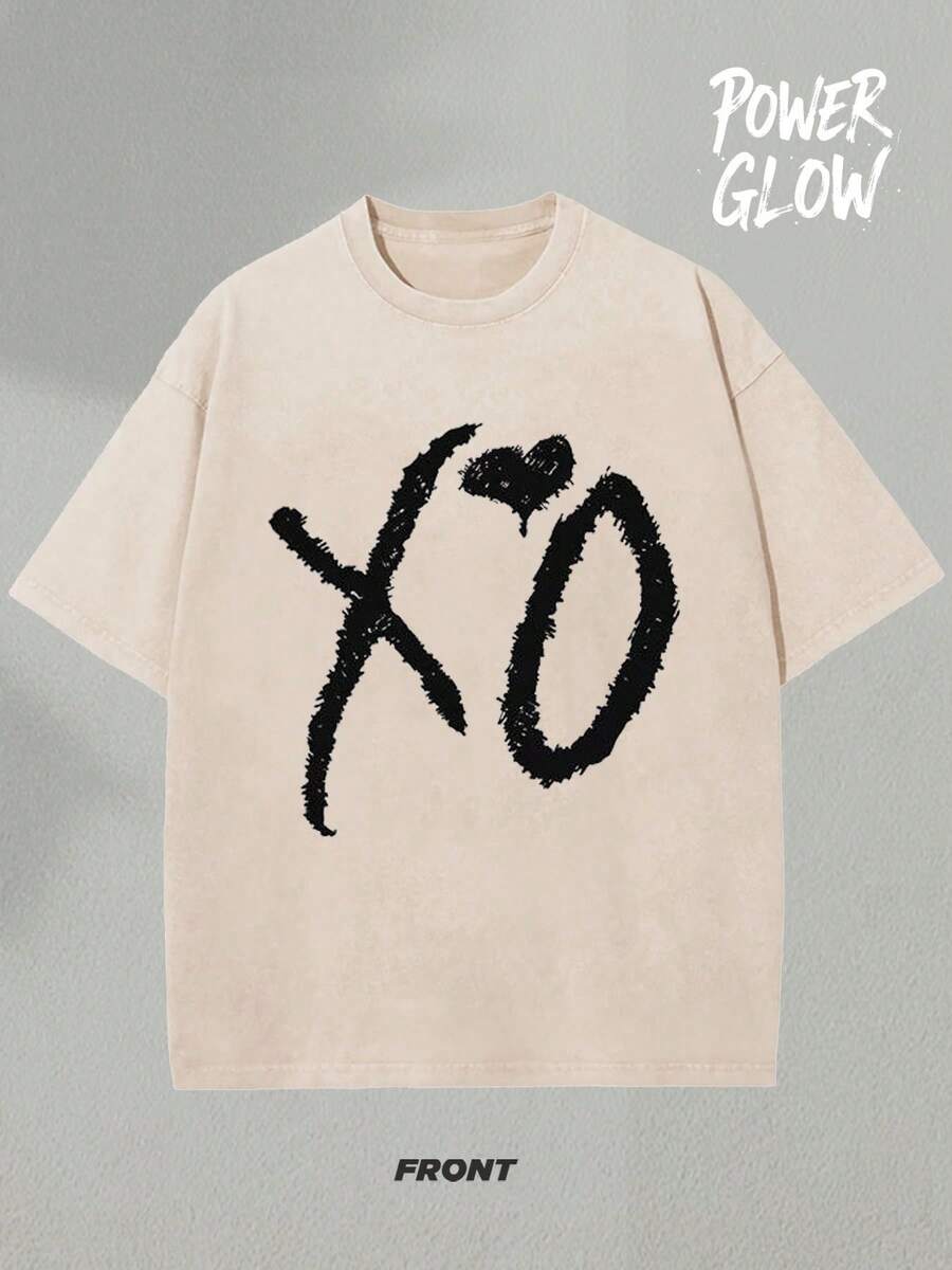 XO Graphic Tee Washed T-Shirt Holiday Gifts Y2K Men's Graphic Tees, Street - Style Vintage Washed T - Shirts, 230G Cotton T - Shirts, 100% Pure Cotton, Unisex Graphic Tees Halloween Back To School Shirts - 杏色 - 查看 1