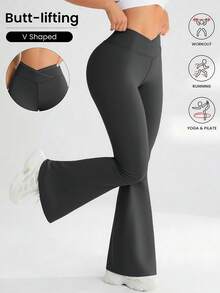 YZMJAFU 女士高腰喇叭裤，交叉弹力腰带设计，休闲长款靴型裤，弹力面料，凸显曲线，瑜伽/健身紧身裤，高腰无缝塑形紧身裤，柔软材质 - 灰色 - 查看 8