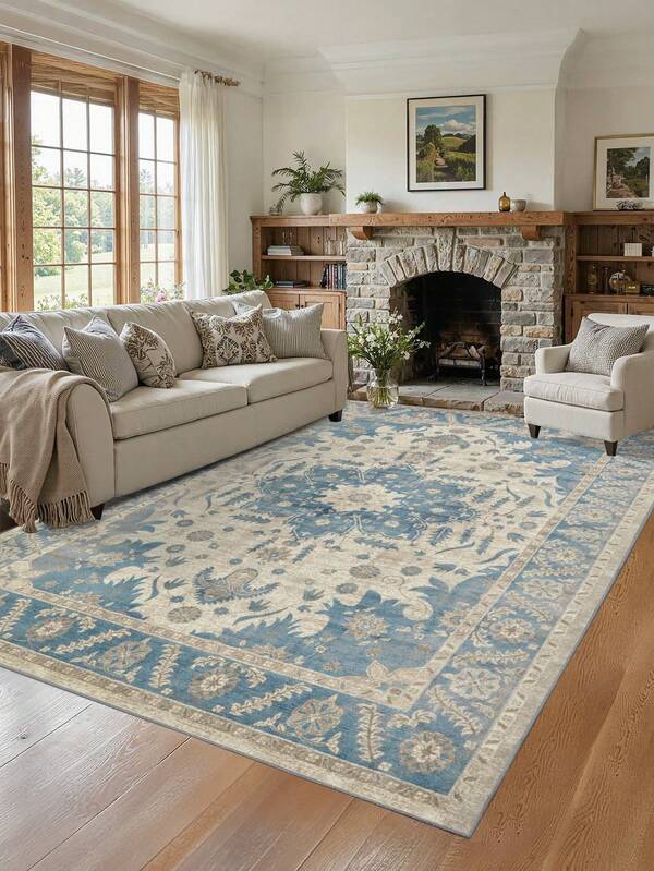 1 pieza Alfombra de área azul, estilo europeo retro lavable antideslizante de terciopelo, 900g/M² para sala de estar, dormitorio, cocina, alfombra de exterior, oficina, entrada