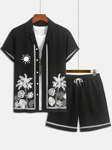 2 piezas Conjunto de moda casual para hombres, camisa de manga corta con cremallera completa y 5 botones con estampado gráfico y pantalones cortos, estilo relajado de vacaciones, elegante y versátil