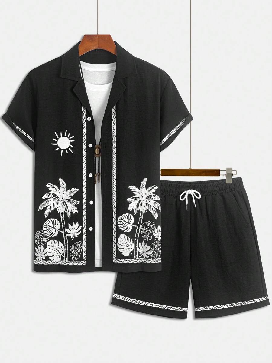 2 piezas Conjunto de moda casual para hombres, camisa de manga corta con cremallera completa y 5 botones con estampado gráfico y pantalones cortos, estilo relajado de vacaciones, elegante y versátil