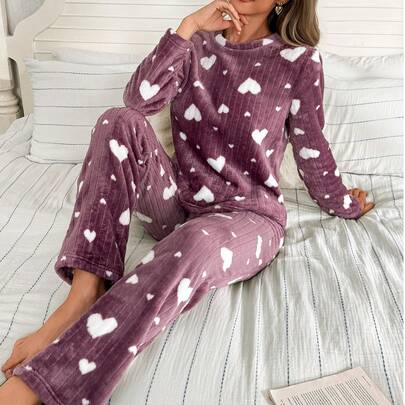 Flannel Heart Print Long Sleeve Pajama Set, Warm