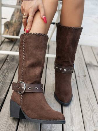 2025 Autumn/Winter New Vintage Chunky Heel Western Slouch Boots, Pointed Toe Buckle Suede Mid-Calf Riding Boots For Women