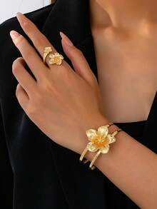 2pcs Minimalist & Elegant Teardrop Shaped Women Jewelry Set, Includes 1 Cuff Bracelet And 1 Open Ring, Suitable For Daily Life And Party Wear, Great Gift For Ladies