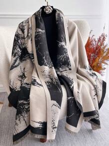 1 件女士复古时尚水墨画围巾，艺术女士毛毯围巾长斗篷披肩，时尚设计师新款优雅系列礼物，适合服装、拍摄照片和温暖的冬秋季