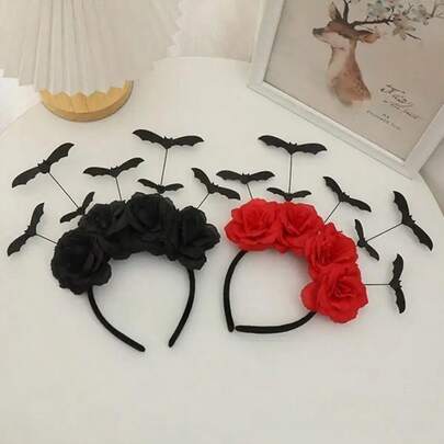 万圣节可爱女巫帽，配有红色和黑色仿花，哥特式蝙蝠发夹头带，创意花朵和蝙蝠头饰，适合节日派对服装装饰