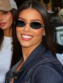 1pc Women's Dark Grey Oval Frameless Metal Leg Edged Small Frame Fashionable Eyeglasses, Suitable For Daily Wear Elegant Outfit For Summer Beach Vacation,Outdoor,Travel - 黑灰 - 查看 3