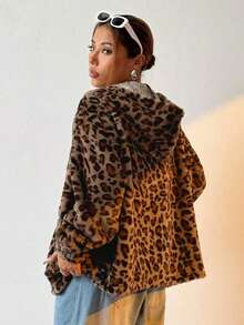 Leopard Print Fluffy Hooded Cardigan, Zip-Up Warm Women Jacket With Pockets, Autumn/Winter - Khaki - View 5