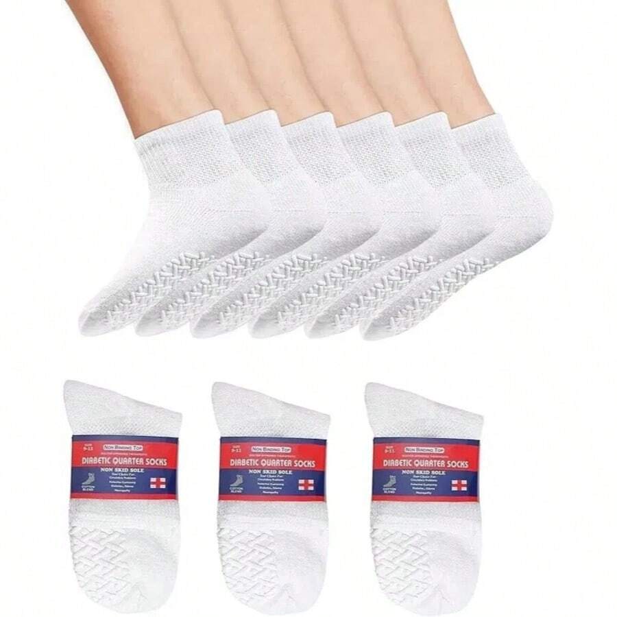 Men's Non-Skid Grip Diabetic Ankle Quarter Socks Non Binding Loose Fit Top 12 Pairs - 白色 - 查看 1
