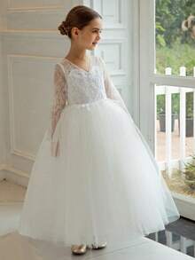 Đầm ren trắng dài tay cho bé gái tuổi teen, kiểu dáng công chúa thanh lịch, thích hợp cho các bữa tiệc ngày lễ, sinh nhật, ngày Valentine, dạ hội, bé gái cầm hoa, phù dâu, lễ cưới. - trắng - Xem 4