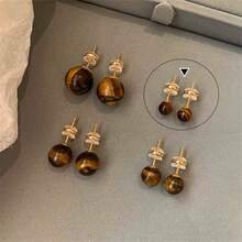 1 件 24K 金天然石风格虎眼石耳钉简约复古气质耳环耳饰 - 彩色 - 查看 6