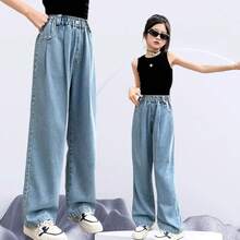 Girls Baggy Wide Leg Jeans Elastic Waist Casual Washed Pants Age-14 - Chân rộng 1 - Xem 6