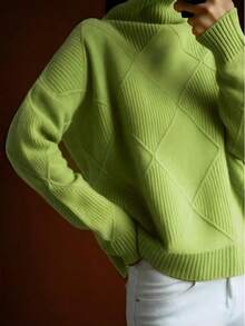 Plus Size Women Solid High Neck Long Sleeve Pullover Sweater, Autumn/Winter - 綠色 - 查看 3