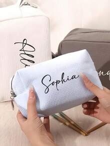 1pc Personalized Embroidered Waffle Jewelry Storage Pouch, Travel Cosmetic Toiletry Bag, Customized Embroidered Makeup Organizer Pouch, Monogram Waffle Makeup Bag - Graduation Gift - Bridesmaid Gift, Classic Makeup Bag Ideal For Dorm Life, Customized Embroidered Mesh Makeup Pouch/Toiletry Organizer, Essential Travel Accessory